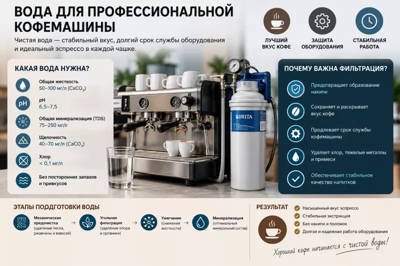 Вода для профессиональной кофемашины: требования, фильтрация и защита от накипи